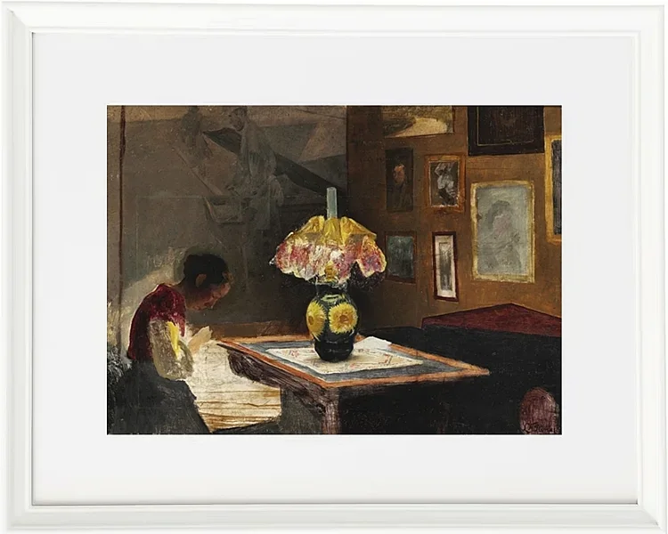 Laurits Andersen Ring – Die Frau des Künstlers Sigrid näht bei Lampenlicht 1898 | Giclée Kunstdruck gerahmt