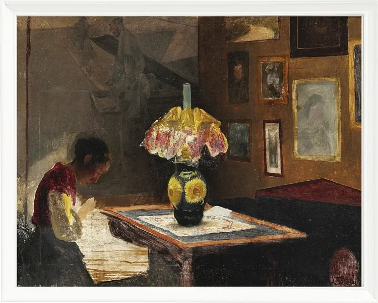 Laurits Andersen Ring – Die Frau des Künstlers Sigrid näht bei Lampenlicht 1898 | Giclée Kunstdruck gerahmt