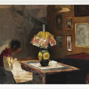 Laurits Andersen Ring – Die Frau des Künstlers Sigrid näht bei Lampenlicht 1898 | Giclée Kunstdruck gerahmt