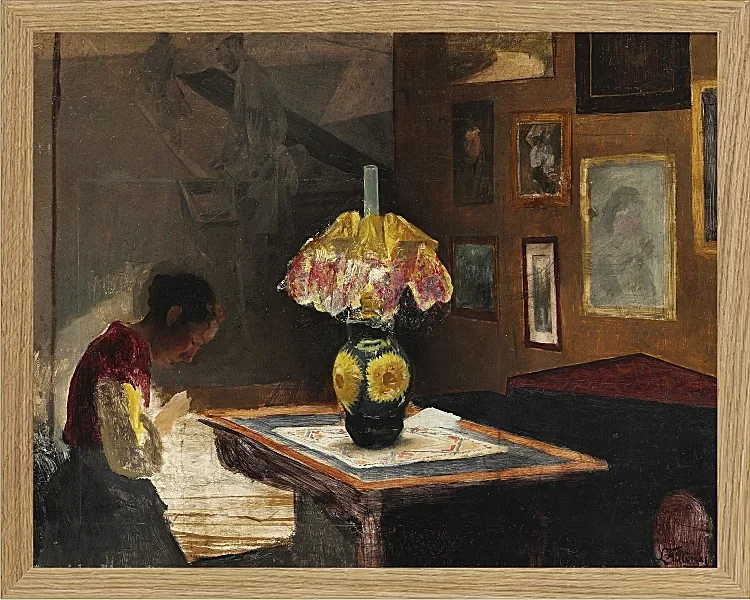Laurits Andersen Ring – Die Frau des Künstlers Sigrid näht bei Lampenlicht 1898 | Giclée Kunstdruck gerahmt