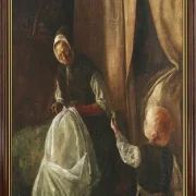 Laurits Andersen Ring | En dreng rækker sin bedstemor en ært - 1881 | Indrammet kunsttryk | Realisme