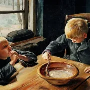Laurits Andersen Ring | Ein Junge und ein Mädchen beim Abendessen – 1884 | Gerahmter Kunstdruck | Realismus
