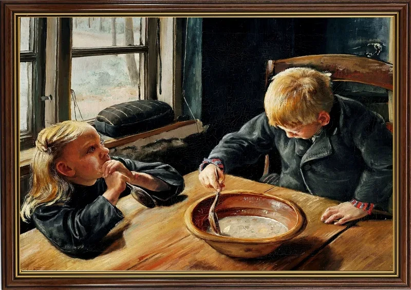 Laurits Andersen Ring | Ein Junge und ein Mädchen beim Abendessen – 1884 | Gerahmter Kunstdruck | Realismus