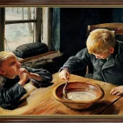 Laurits Andersen Ring | Ein Junge und ein Mädchen beim Abendessen – 1884 | Gerahmter Kunstdruck | Realismus
