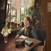 Laurits Andersen Ring | En Dreng, der læser Lektier - 1893 | Indrammet kunsttryk | Realisme
