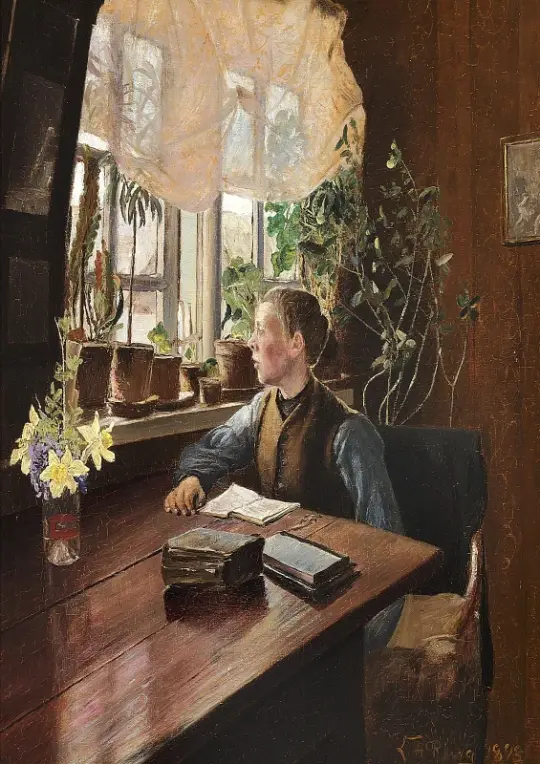 Laurits Andersen Ring | Ein Junge bei den Hausaufgaben - 1893 | Gerahmter Kunstdruck | Realismus