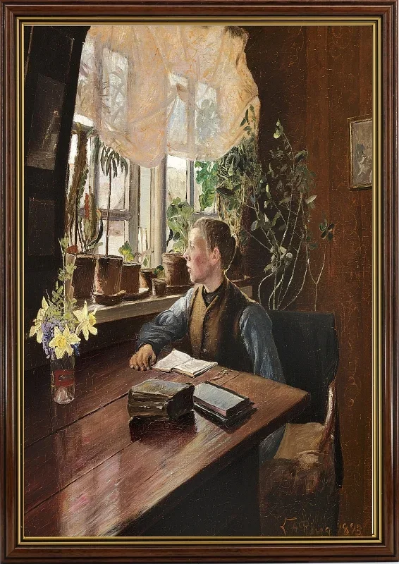 Laurits Andersen Ring | En Dreng, der læser Lektier - 1893 | Indrammet kunsttryk | Realisme