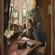 Laurits Andersen Ring | En Dreng, der læser Lektier - 1893 | Indrammet kunsttryk | Realisme