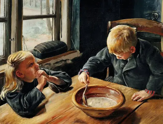 Laurits Andersen Ring – En Dreng og en Pige ved Middagsmaden 1884 | Indrammet giclée-kunsttryk