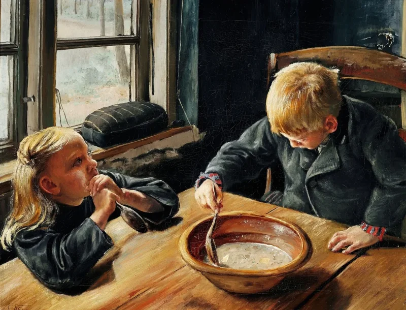 Laurits Andersen Ring – En Dreng og en Pige ved Middagsmaden 1884 | Indrammet giclée-kunsttryk