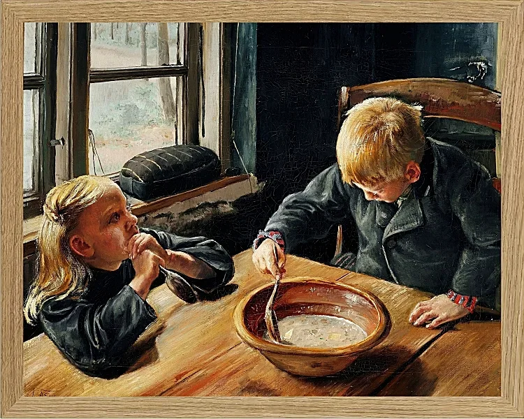Laurits Andersen Ring – En Dreng og en Pige ved Middagsmaden 1884 | Indrammet giclée-kunsttryk