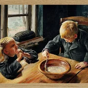 Laurits Andersen Ring – En Dreng og en Pige ved Middagsmaden 1884 | Indrammet giclée-kunsttryk