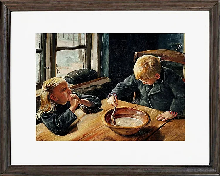 Laurits Andersen Ring – En Dreng og en Pige ved Middagsmaden 1884 | Indrammet giclée-kunsttryk