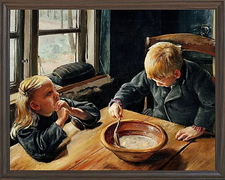 Laurits Andersen Ring – En Dreng og en Pige ved Middagsmaden 1884 | Indrammet giclée-kunsttryk