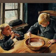Laurits Andersen Ring – En Dreng og en Pige ved Middagsmaden 1884 | Indrammet giclée-kunsttryk