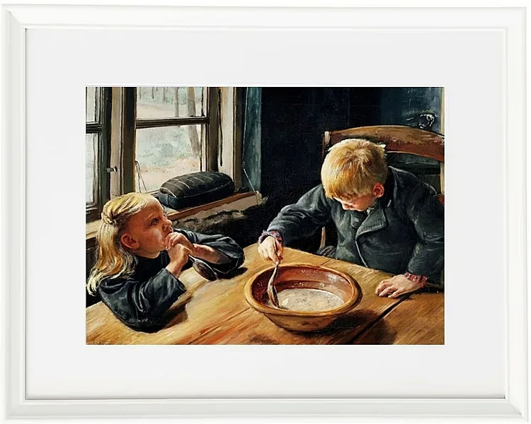 Laurits Andersen Ring – En Dreng og en Pige ved Middagsmaden 1884 | Indrammet giclée-kunsttryk