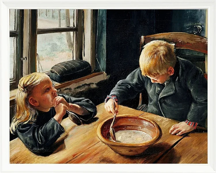 Laurits Andersen Ring – En Dreng og en Pige ved Middagsmaden 1884 | Indrammet giclée-kunsttryk