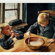 Laurits Andersen Ring – En Dreng og en Pige ved Middagsmaden 1884 | Indrammet giclée-kunsttryk