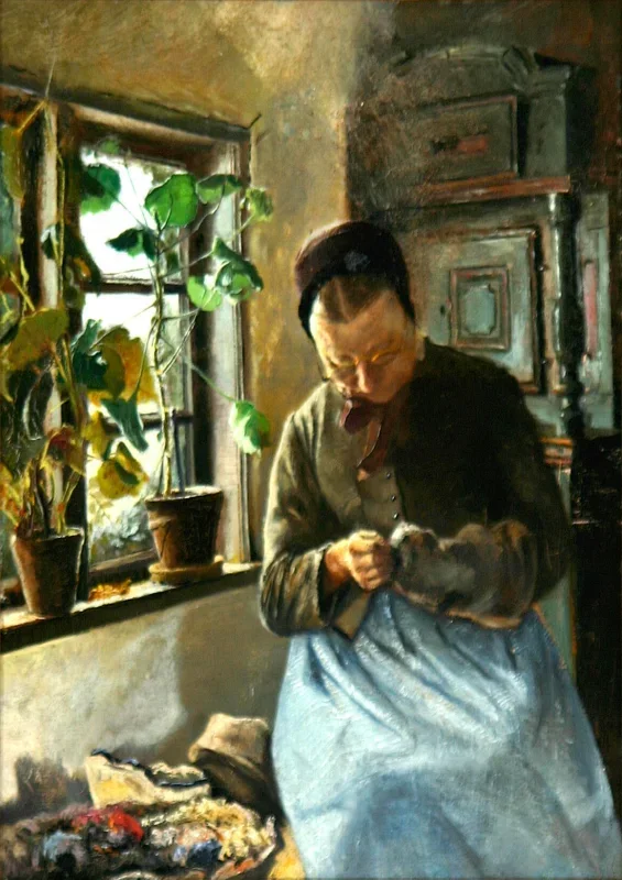 Laurits Andersen Ring | En bondekone stopper strømper – 1889 | Indrammet kunsttryk | Realisme