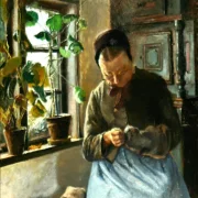 Laurits Andersen Ring | En bondekone stopper strømper – 1889 | Indrammet kunsttryk | Realisme