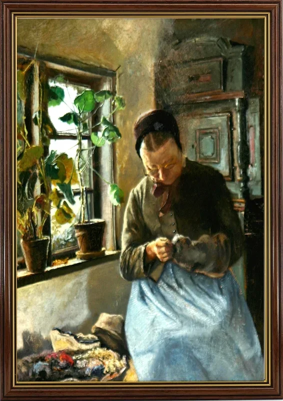 Laurits Andersen Ring | En bondekone stopper strømper – 1889 | Indrammet kunsttryk | Realisme