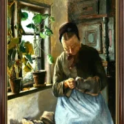 Laurits Andersen Ring | En bondekone stopper strømper – 1889 | Indrammet kunsttryk | Realisme
