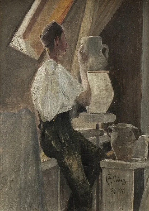 Laurits Andersen Ring | En pottemager ved sit arbejde - 1896 | Indrammet kunsttryk | Realisme