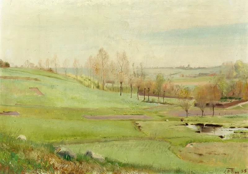 Laurits Andersen Ring | Marklandskab med lysegrønne marker - 1888 | Indrammet kunsttryk | Realisme