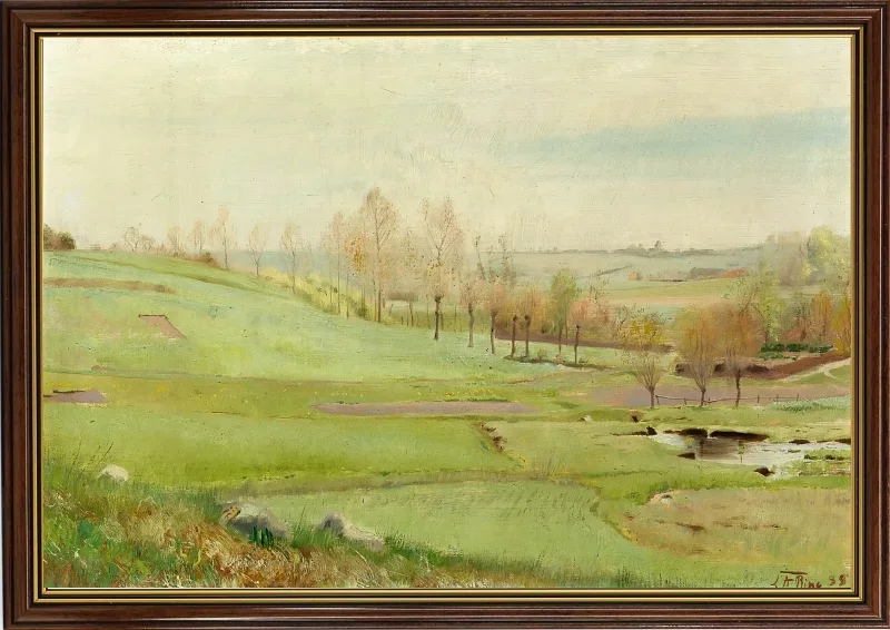 Laurits Andersen Ring | Marklandskab med lysegrønne marker - 1888 | Indrammet kunsttryk | Realisme