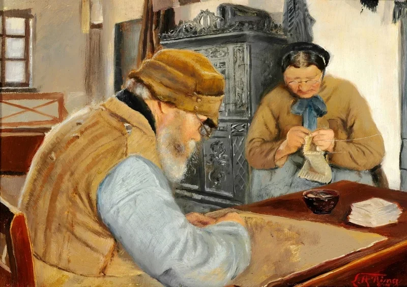 Laurits Andersen Ring | Dorfbewohner - 1887 | Gerahmter Kunstdruck | Realismus