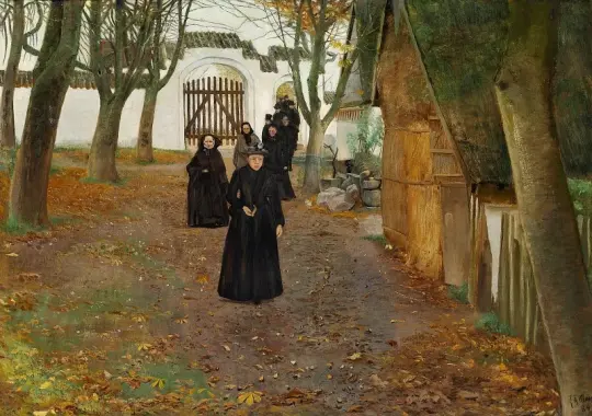 Laurits Andersen Ring | Folk, som går fra kirke - 1889 | Indrammet kunsttryk | Realisme