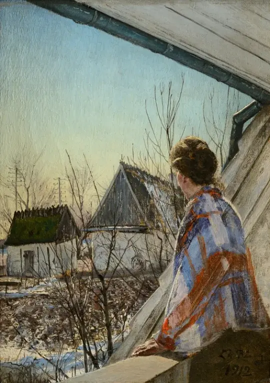 Laurits Andersen Ring | Fru Sigrid Ring siddende på en stenbalustrade – 1912 | Indrammet kunsttryk | Realisme