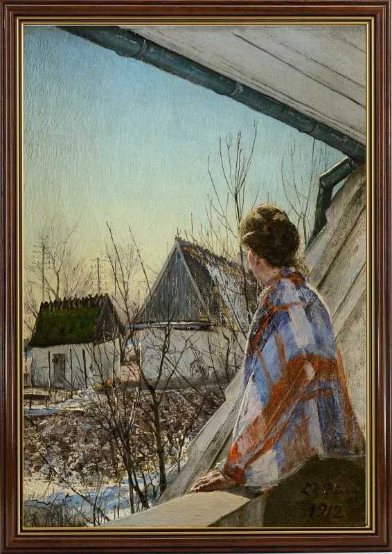 Laurits Andersen Ring | Fru Sigrid Ring siddende på en stenbalustrade – 1912 | Indrammet kunsttryk | Realisme