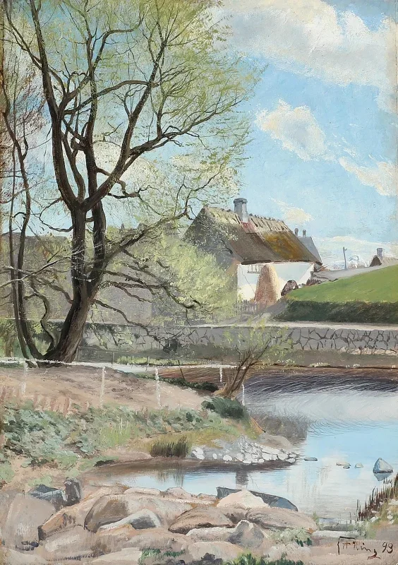 Laurits Andersen Ring | Frühlingstag an einem Bach, der am Haus vorbeifließt - 1893 | Gerahmter Kunstdruck | Realismus