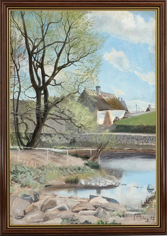 Laurits Andersen Ring | Frühlingstag an einem Bach, der am Haus vorbeifließt - 1893 | Gerahmter Kunstdruck | Realismus