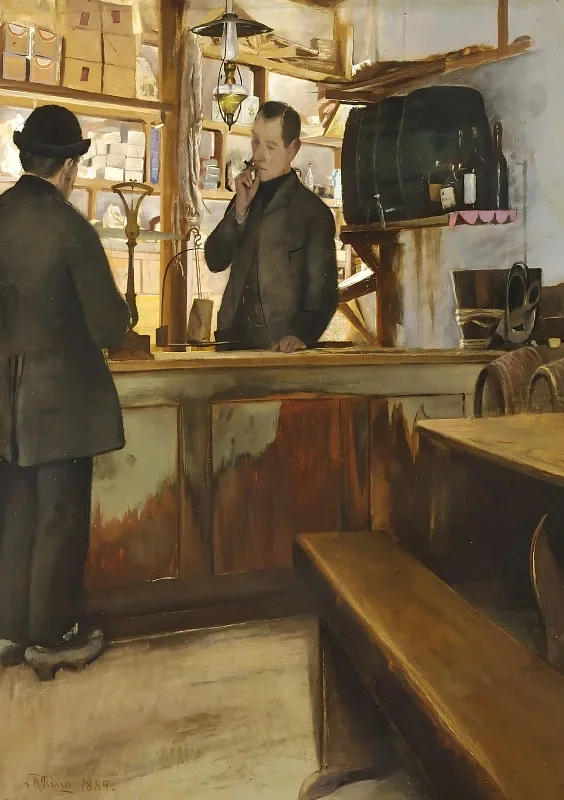 Laurits Andersen Ring | Fra købmandsboden i Mogenstrup Kro - 1889 | Indrammet kunsttryk | Realisme