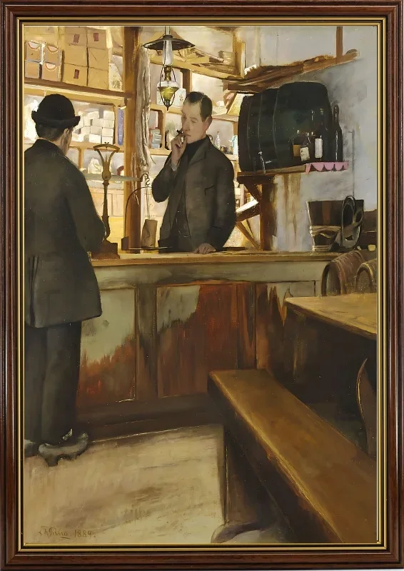 Laurits Andersen Ring | Fra købmandsboden i Mogenstrup Kro - 1889 | Indrammet kunsttryk | Realisme