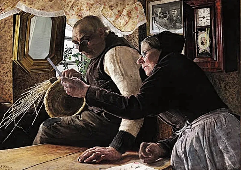 Laurits Andersen Ring | De gamle har fået brev - 1901 | Indrammet kunsttryk | Realisme