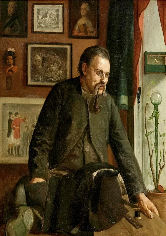 Laurits Andersen Ring | Pfeifenrauchender Schneider, der auf einem Tisch sitzt – 1880 | Gerahmter Kunstdruck | Realismus