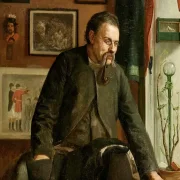 Laurits Andersen Ring | Pfeifenrauchender Schneider, der auf einem Tisch sitzt – 1880 | Gerahmter Kunstdruck | Realismus