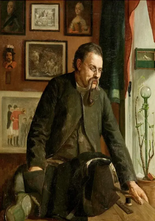 Laurits Andersen Ring | Piberygende skrædder siddende på et bord – 1880 | Indrammet kunsttryk | Realisme