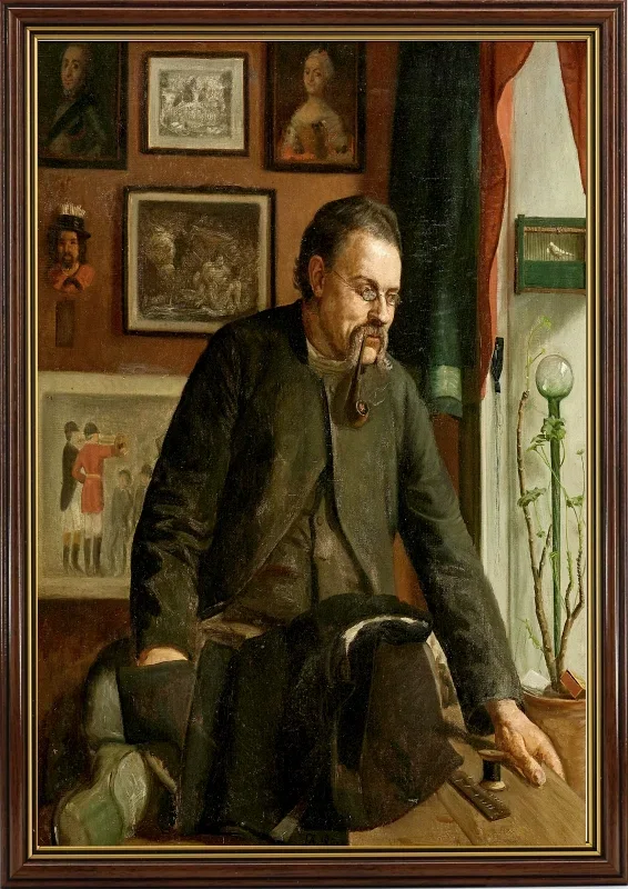 Laurits Andersen Ring | Pfeifenrauchender Schneider, der auf einem Tisch sitzt – 1880 | Gerahmter Kunstdruck | Realismus
