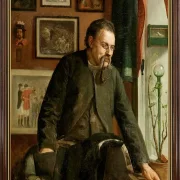 Laurits Andersen Ring | Pfeifenrauchender Schneider, der auf einem Tisch sitzt – 1880 | Gerahmter Kunstdruck | Realismus