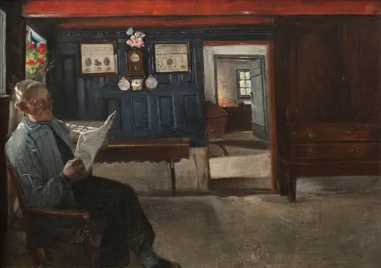 Laurits Andersen Ring | Innenraum mit einem Bauern, der eine Zeitung liest – 1911 | Gerahmter Kunstdruck | Realismus