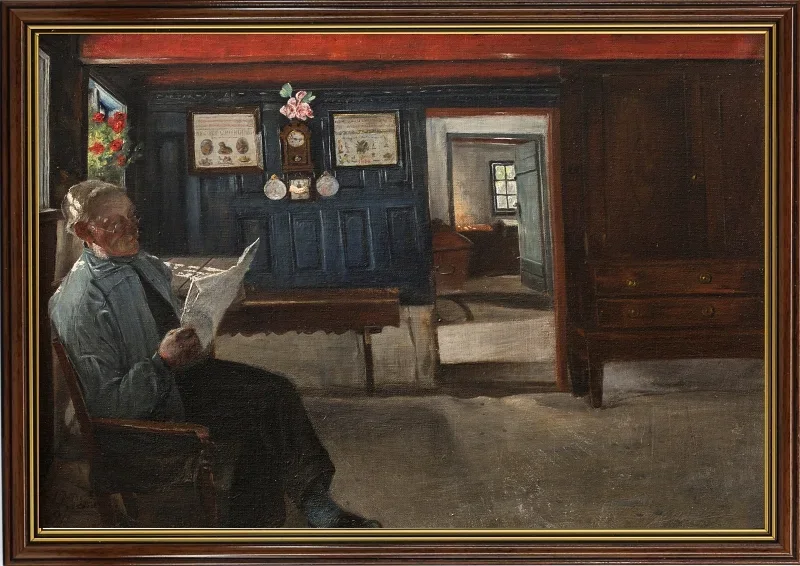 Laurits Andersen Ring | Innenraum mit einem Bauern, der eine Zeitung liest – 1911 | Gerahmter Kunstdruck | Realismus