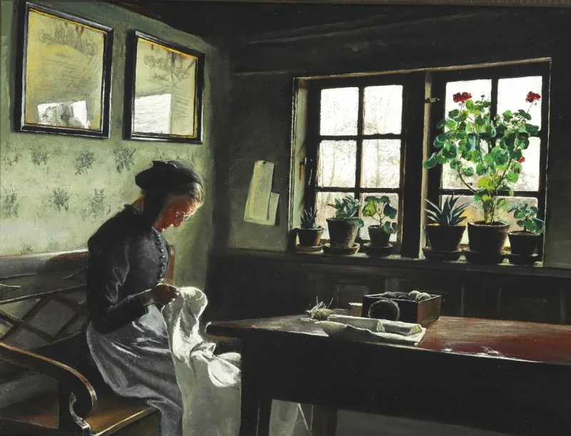 Laurits Andersen Ring – Interieur mit nähender Frau 1909 | Giclée Kunstdruck gerahmt