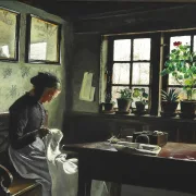 Laurits Andersen Ring – Interieur mit nähender Frau 1909 | Giclée Kunstdruck gerahmt