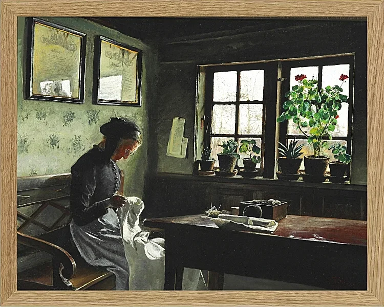 Laurits Andersen Ring – Interieur mit nähender Frau 1909 | Giclée Kunstdruck gerahmt