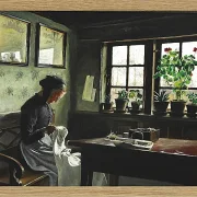 Laurits Andersen Ring – Interieur mit nähender Frau 1909 | Giclée Kunstdruck gerahmt