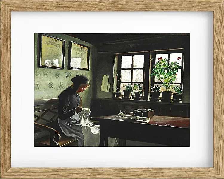 Laurits Andersen Ring – Interieur mit nähender Frau 1909 | Giclée Kunstdruck gerahmt